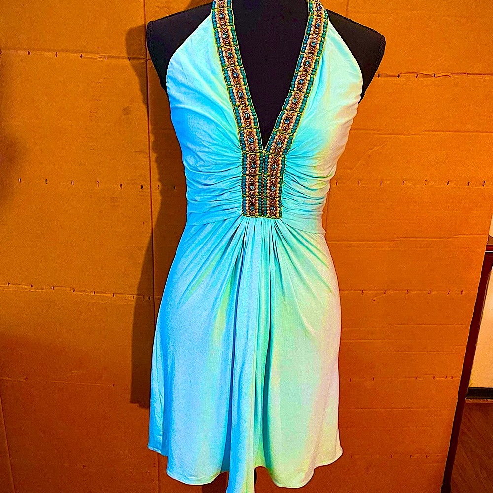 Sky Turquoise Beaded Halter Dress